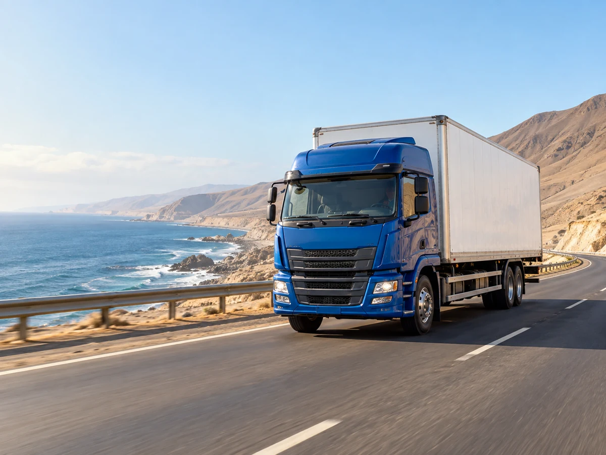 Ilustración de un camión azul de carga en una carretera de la costa peruana